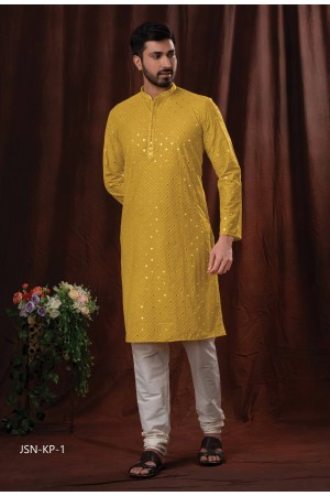 Yellow Poly Cotton With Mirror Embroidery Kurtas Set 